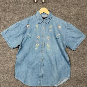 Vintage Solutions Original Medium Shirt Blue Cotton Chambray Embroidered Flower